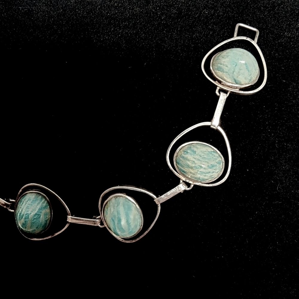VINTAGE Sterling Silver Bracelet with Amazonite Cabachons - Picture 6 of 7